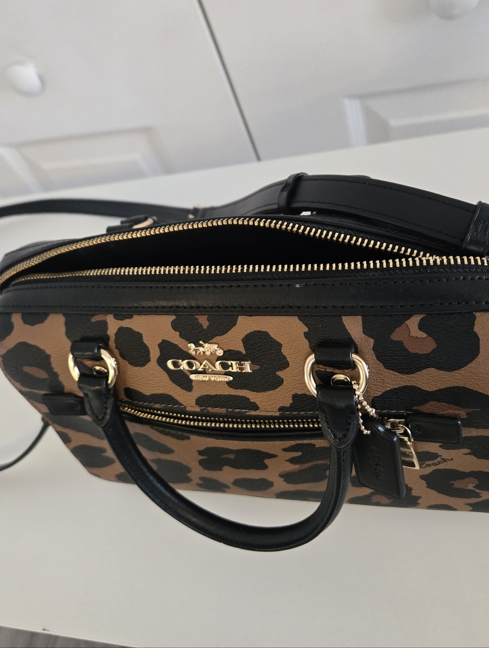 Coach Leopard-Print Satchel in Brown and Black with Gold Hardware MEDIUM ROWAN - Picture 4 of 17